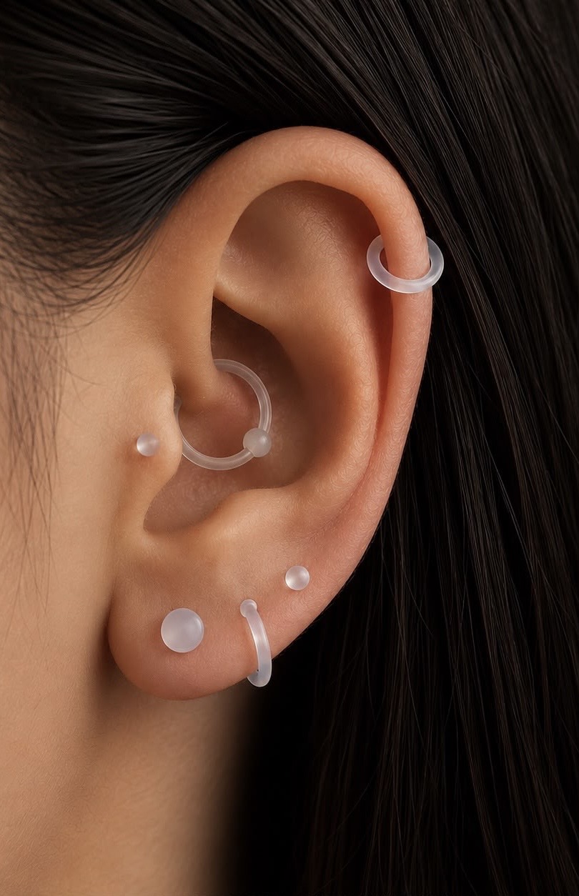 Joia de bioflex em piercings na orelha